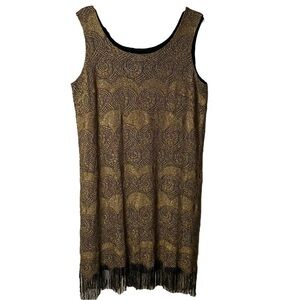 SL‎ Fashions Vintage Flapper Dress Gold Black Fringe Size 16W #696070